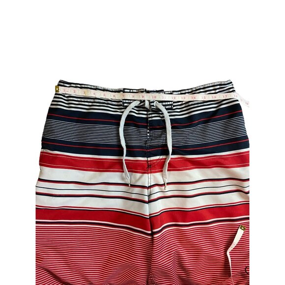 Op Mens Striped Swim Board Shorts L Red White Blue Drawstring Side Pocket Y2K - Picture 5 of 7